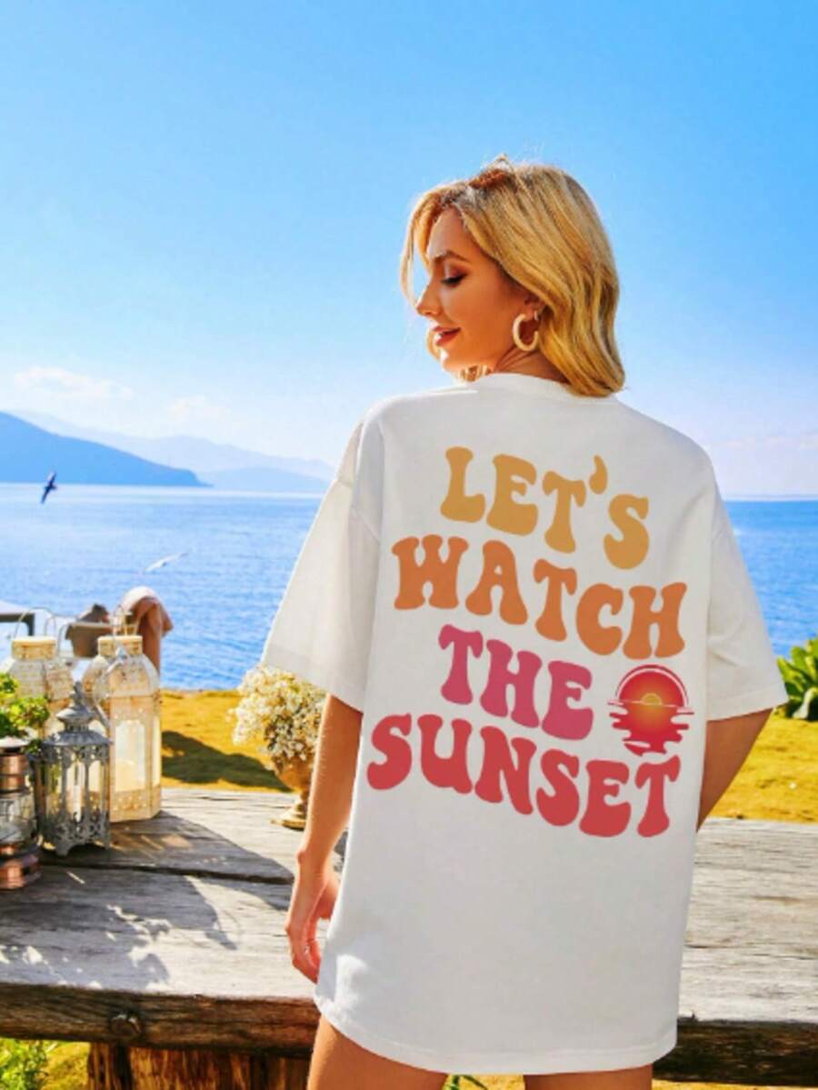 Women's T-Shirt Drop Shoulder Sunset Streetwear T-Shirt Blogger Shirt - 白色 - 查看 1