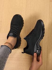 潮流气垫防滑耐磨跑步鞋系带时尚休闲旅游鞋防水轻便减震运动鞋情侣鞋 - 黑色 - 查看 2