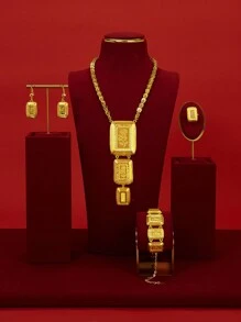 Yiyi Gold-Colored Copper Fashionable And High-End Luxury Retro Jewelry Set For Women,18K Gold Plated Elegant Luxury Square Design Necklace, Earrings, Bracelet, Ring For Women, Suitable For Nigeria, Dubai, Middle East, Saudi Arabia Bridal Wedding, Daily Wear, Wedding Anniversary Gift, Halloween Gift For Friends - Gold - View 6