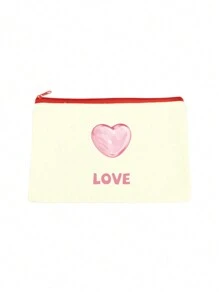 1pc Heart-Shaped Silkscreen Printed Personalized Cosmetic Pouch, Red Zipper, Customizable With Name, Holiday Phrases Or Other Info, Double-Sided Printing, Simple Yet Stylish Design