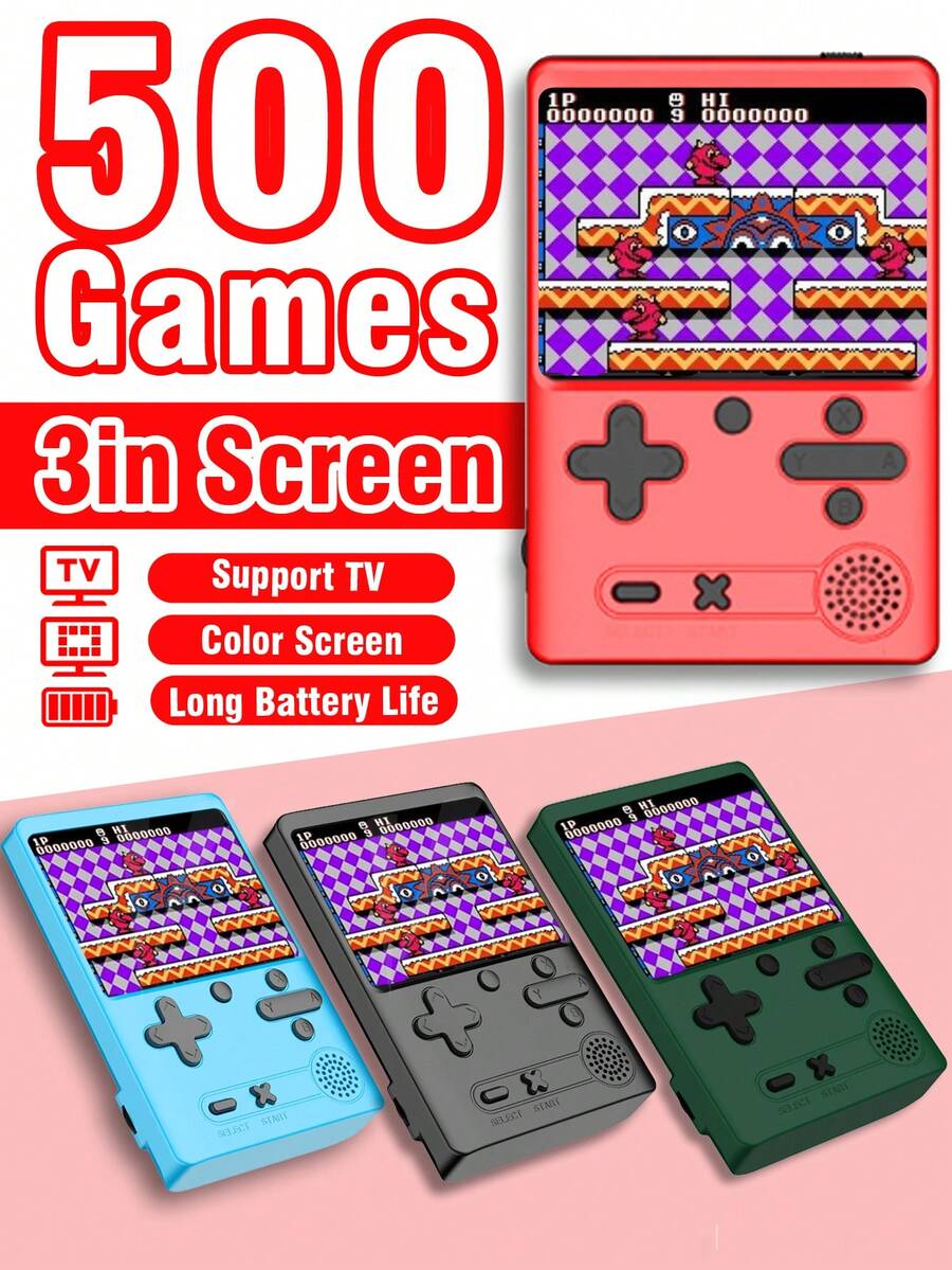 1 件全新掌上游戏机一款全新经典怀旧复古可充电游戏机，内含 500 款游戏，一款迷你便携式 3 英寸屏幕 FC 微型游戏机，支持电视投影，生日礼物
