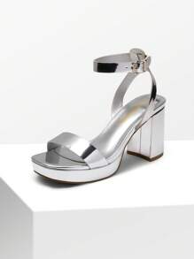 Women Chunky High Heeled Sandals, Adjustable Buckle Decor Ankle Strap Platform Sandals, Glamorous Open Toe Banquet Heeled Sandals, For School Party Prom, Wedding - Silver - View 4