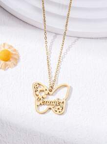 Colar com moldura de borboleta elegante personalizável de 1 unidade, aço inoxidável banhado a ouro 18K, design de texto oco personalizado, moldura floral e borboleta superior e inferior, presente de feriado exclusivo para entes queridos, amigos e família - ouro