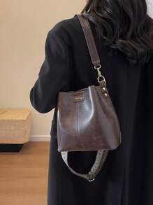 Mini Summer Fashion Texture Solid Color PU Bucket Bag Retro Versatile Women's Shoulder Bag - Coffee Brown - View 7