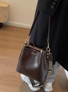 Mini Summer Fashion Texture Solid Color PU Bucket Bag Retro Versatile Women's Shoulder Bag - Coffee Brown - View 5
