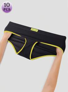 MEIYATING 10 piezas/paquete Pantaletas sin costuras para mujeres, moda de color contrastante, ajuste cómodo, negro