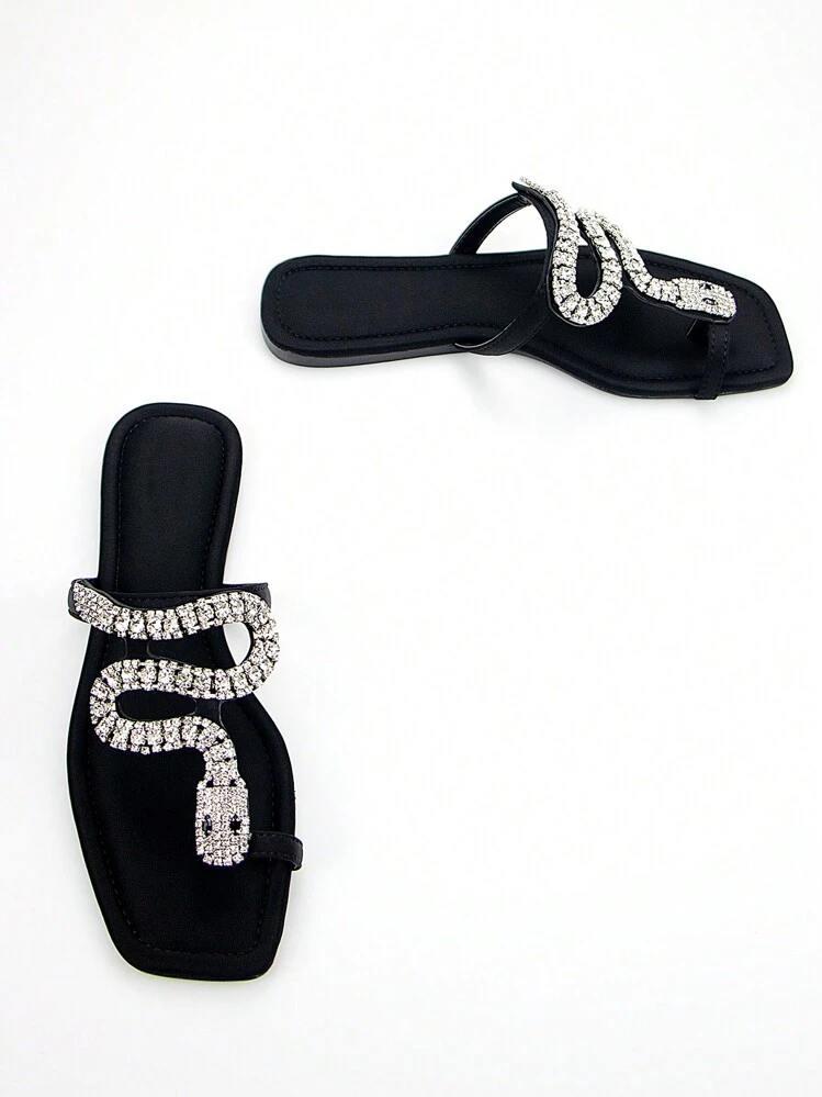 Women's Glamorous 3D Snake Crystal Chain Decorated Black Lycra Comfortable Square Toe Slip-On Flat Mule Sandals For Daily Wear & Party Valentines,Spring Summer Outfits - Black - View 4