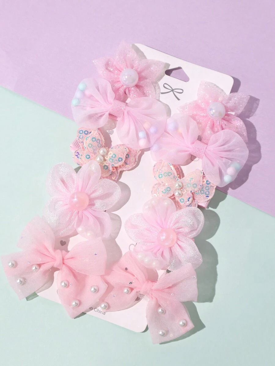 10pcs Lovely Flower & Bow Pearl Decor Hair Clips Set, For Christmas - Pink - View 1