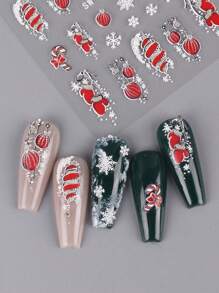 2PCS 5D Embossed Glitter Christmas Nail Art Stickers Self-Adhesive Glossy Cartoon Snowflake Red Lantern Glove Crutches Snowflakes Design DIY Nail Decals 3D Xmas Manicure Decor For Nail Salons, Women And Girls - Multicolor - View 5
