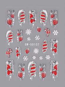 2PCS 5D Embossed Glitter Christmas Nail Art Stickers Self-Adhesive Glossy Cartoon Snowflake Red Lantern Glove Crutches Snowflakes Design DIY Nail Decals 3D Xmas Manicure Decor For Nail Salons, Women And Girls - Multicolor - View 9