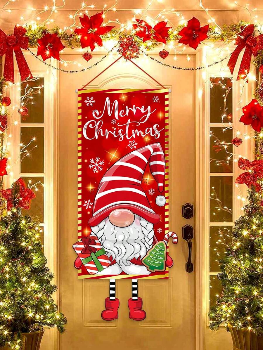 1 lá cờ treo chủ đề Giáng sinh bằng polyester kích thước 38,5x96cm, hình ảnh chú lùn đội mũ chấm bi đỏ sống động, thích hợp trang trí khung cửa ngày lễ Giáng sinh, trang trí cờ sân vườn, trang trí phòng khách, làm bằng polyester, chú lùn dễ thương cầm quà - Gnome - Xem 1