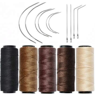 10pcs Curved Needles & 5pcs Black/Brown/Beige Threads, Professional Wig Sewing Kit, Suitable For DIY Handmade Wigs And Hair Extensions