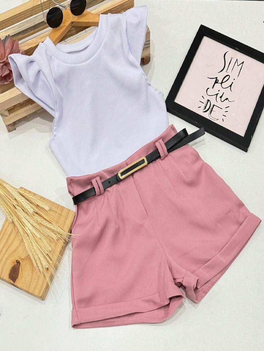 Miguxas Kids Youth Set Tailored Shorts With Belt And Ribbed Ribbed Blouse - Màu hồng gỉ - Xem 1