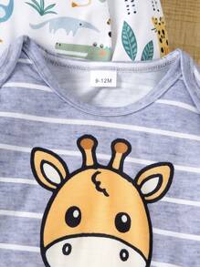 3pcs/Set Baby Boys' Cartoon Giraffe Print & Wildlife Full Body Print Long Sleeve Bodysuit, Fall Winter - Multicolor - View 6