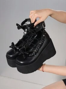 Giày bốt đế xuồng thời trang cho nữ Giày bốt Goth Mũi tròn Gót nhọn Thiết kế nơ Dây đeo thoải mái có thể điều chỉnh Đầm dự tiệc Halloween Giày cao gót Giày bốt cổ ngắn ngày lễ tình nhân - màu đen - Xem 1