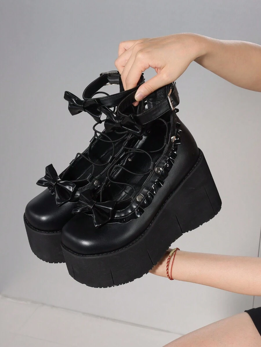 Giày bốt đế xuồng thời trang cho nữ Giày bốt Goth Mũi tròn Gót nhọn Thiết kế nơ Dây đeo thoải mái có thể điều chỉnh Đầm dự tiệc Halloween Giày cao gót Giày bốt cổ ngắn ngày lễ tình nhân - màu đen - Xem 1