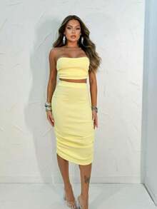 Ribbed Skirt Set With Top - 卡其色 - 查看 2