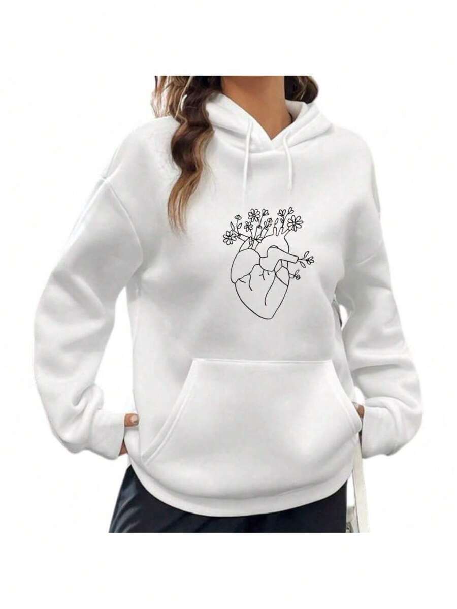 Flannel Kangaroo Sweatshirt Warm Coat Gringa Fashion Personalized Human Heart With Flowers - 白色 - 查看 1