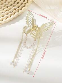 1个镂空蝴蝶仿珍珠流苏发爪（流苏长度随机），Y2k 爪夹发夹发卡夹发夹发饰发夹发卡，适合上学、大学、秋冬季度假装扮，夏季海滩风情。 - 金色 - 查看 6