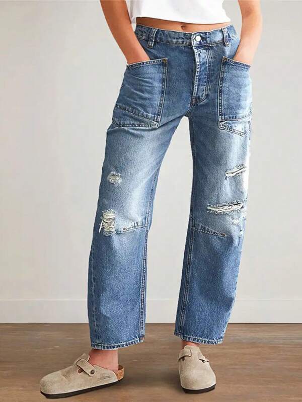 Women's Casual Ripped Denim Jeans, Minimalist Style