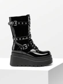 DREAM PAIRS Women's Platform Mid-Calf Boots Cyberpunk Combat Style Multiple Buckle Straps Round Toe Side Zipper Anti-Slip Thick Heel Outdoor Halloween Chunky Heel  Music Festival Party Black Boots - 黑色 - 查看 10