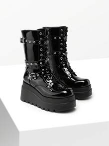 DREAM PAIRS Women's Platform Mid-Calf Boots Cyberpunk Combat Style Multiple Buckle Straps Round Toe Side Zipper Anti-Slip Thick Heel Outdoor Halloween Chunky Heel  Music Festival Party Black Boots - 黑色 - 查看 8
