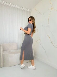 Women's Set Ribbed Knit Fashion Summer 3RD SD1268 - 灰色 - 查看 1