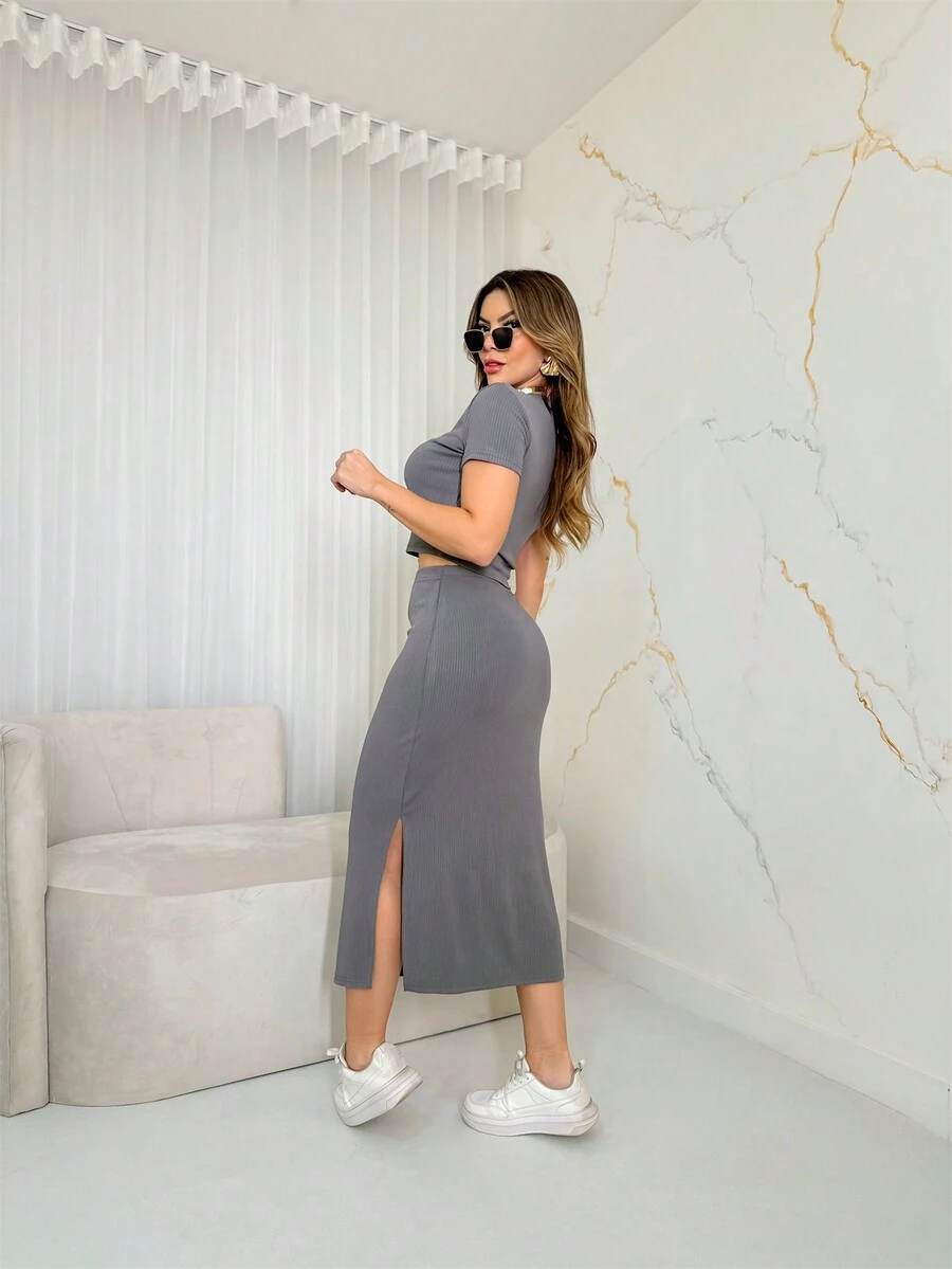 Women's Set Ribbed Knit Fashion Summer 3RD SD1268 - 灰色 - 查看 1