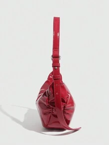 1个褶皱漆皮新月云朵形单肩包，女士斜挎包，新款高端时尚，个性化红色包包，褶皱椭圆形，休闲单肩包，腋下包，柔软皮革，适合手提和肩背 - 紅色 - 查看 5
