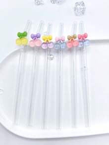 1 pieza Pajita de vidrio con forma de cereza en lazo lindo, antescaldante, reutilizable y transparente para té helado, jugo, leche, cócteles, bebidas frías y útiles escolares, de vuelta a clases - Estilo A - Ver 1