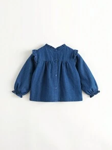 MARC&JANIE 年轻女孩甜美荷叶边领长袖牛仔衬衫，秋季