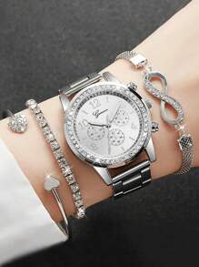 4 Peças Conjunto de Joias com Pulseira e Relógio Feminino de Quartzo, com Mostrador de Escala Numérica Árabe, Pulseira de Aço Inoxidável Prata, Estilo Clássico e Casual, Adequado para Uso Diário, Decoração e Presente para Amigos ou Feriados Atuais