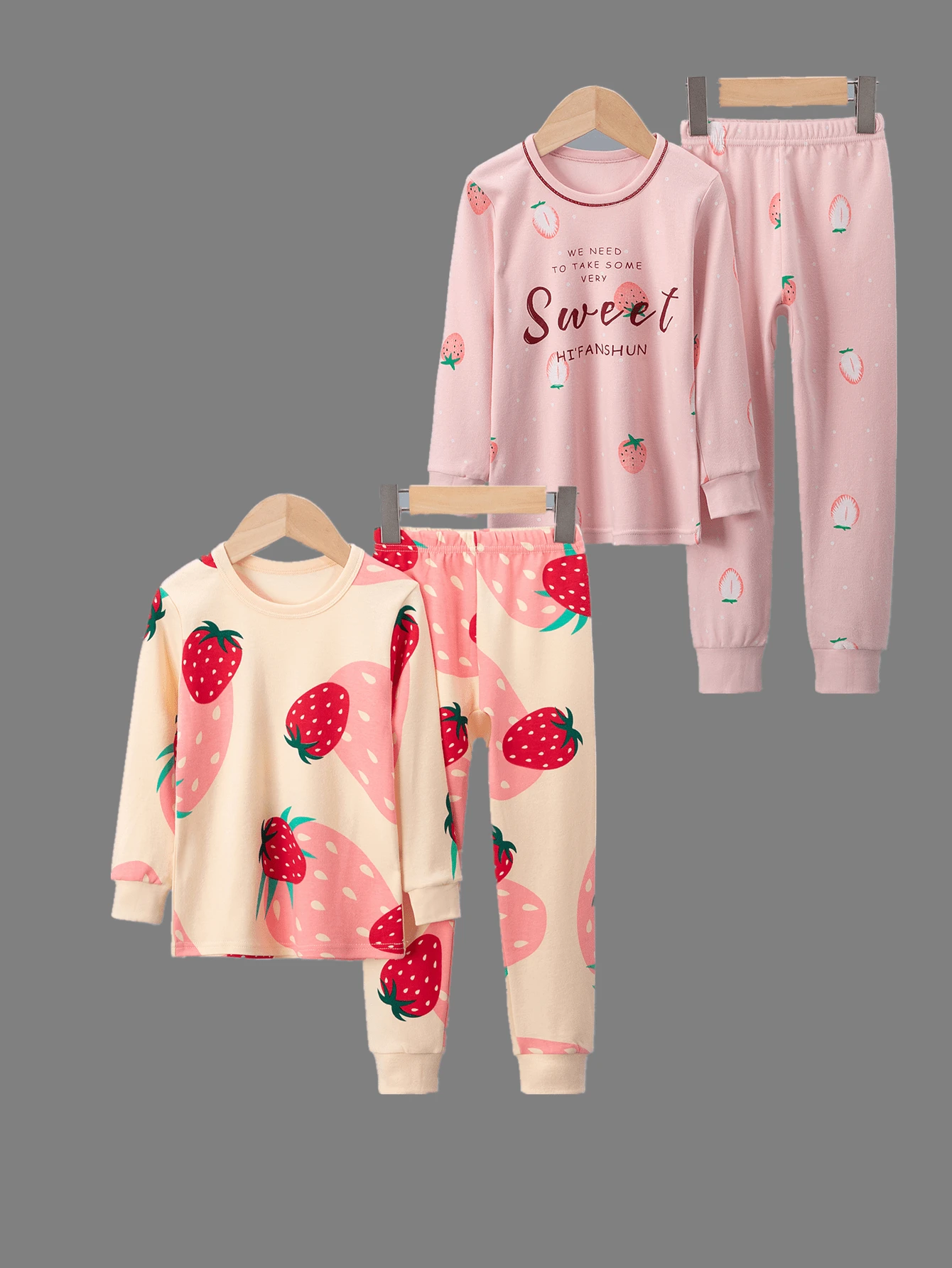 4pcs Young Girls Strawberry Fruit Print Long Sleeve Pajama Set, Cartoon Print Nightwear Set For Autumn And Winter