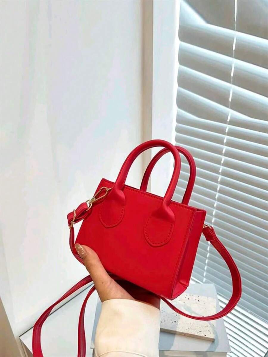Elegant Solid Color Casual College Style Mini Handbag, Women, Angora Red