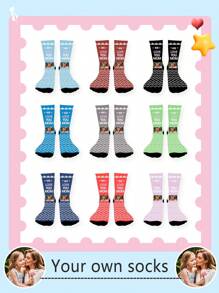 1 Pair Customized Face Print Crew Socks For Women, Put Any Face On Socks, Personalized Photo Socks, Funny Customized Mid-Calf Socks, Perfect For Valentine's Day, Birthday Gifts, Or Other Occasions. Personalized, Fun, Vibrant And Colorful, Creative Anime Cartoon Design, Holiday Gifts, Comfortable And Breathable, Enhancing Family Atmosphere, Fashionable, Suitable For Both Men And Women