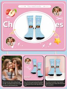 1 Pair Customized Face Print Crew Socks For Women, Put Any Face On Socks, Personalized Photo Socks, Funny Customized Mid-Calf Socks, Perfect For Valentine's Day, Birthday Gifts, Or Other Occasions. Personalized, Fun, Vibrant And Colorful, Creative Anime Cartoon Design, Holiday Gifts, Comfortable And Breathable, Enhancing Family Atmosphere, Fashionable, Suitable For Both Men And Women