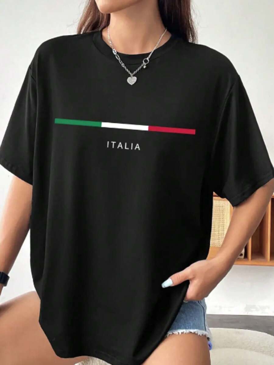 Women's T-Shirt Drop Shoulder Streetwear Italy Casual T-Shirt Blogger Style Shirt - màu đen - Xem 1