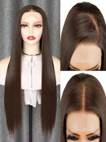 Peluca de encaje frontal sintética recta marrón natural de 13x4, Set completo a prueba de calor de fibra suave recta sin pegamento para mujeres