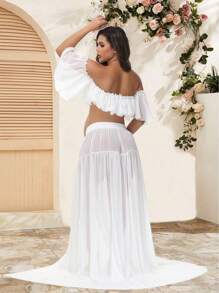 两件套孕妇装，雪纺无肩带荷叶袖上衣，开衩裙，适合拍照、迎婴派对及其他场合。 - 白色 - 查看 2