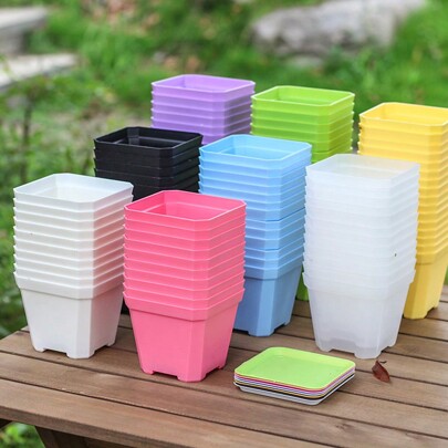 10pcs/Set Mini Mixed Color Square Flower Pot With Tray, Plastic Succulent Planter, Gardening Home Decoration