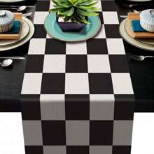 1 件新品現代簡約幾何亞麻條紋桌布,黑白格紋桌布,適合居家裝飾 - 黑與白 - 查看 14