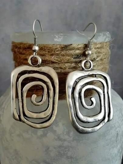 1 Pair Vintage Rectangular Spiral Pattern Earrings, Fashionable Women's Versatile Earrings, Multiple Colors Available