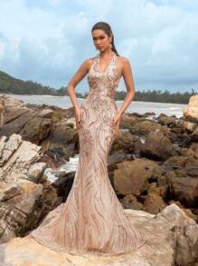 Faeriesty 女士优雅露背鱼尾亮片印花连衣裙，派对礼服，婚礼宾客礼服，正式礼服，晚礼服，长裙，夏季度假装 - 香檳色 - 查看 5