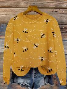 New Women's Casual Fashion Contrasting Bee Pattern Knit Sweater