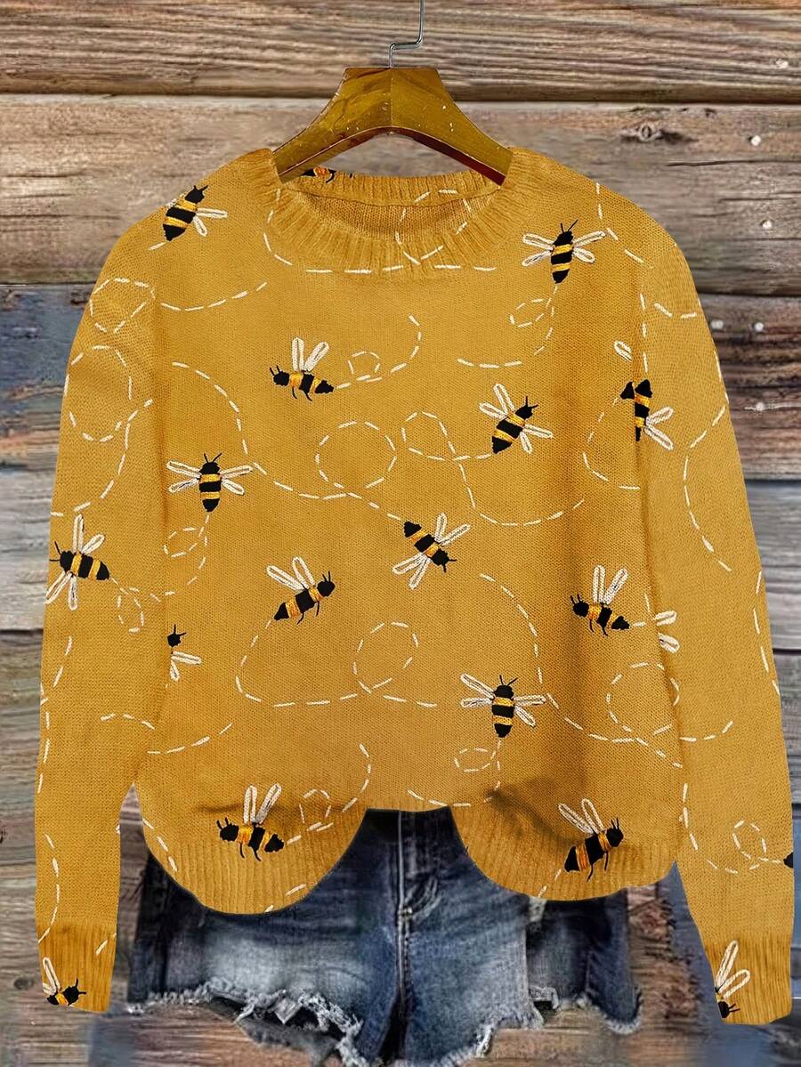 New Women's Casual Fashion Contrasting Bee Pattern Knit Sweater