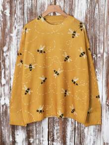New Women's Casual Fashion Contrasting Bee Pattern Knit Sweater