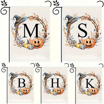 Personalized Initial Polyester Garden Flag - Double-Sided, Weatherproof, Burlap Look - Multipurpose Outdoor Decor Without Electricity - Machine Washable With Halloween Theme