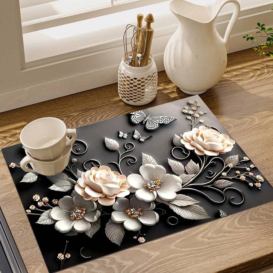 1pc 3D Floral Pattern Absorbent Drying Mat, New Waterproof Kitchen Counter Drying Pad, Soft Silicone Slip-Resistant Quick-Dry Mat For Kitchen, Suitable For Coffee Makers And More - Multicolor - View 1