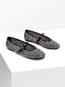 DREAM PAIRS Women's Ballet Mesh Flats Rhinestones Mary Jane Structure Round Toe Slip-On Fashionable Comfortable Commuter Party Shine Versatile Shoes
