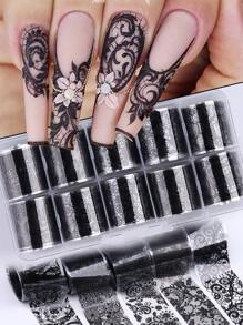 10 rouleaux/boîte Papier transfert de foils de dentelle noire pour ongles. Autocollants d'art pour ongles sexy avec motifs de dentelle et rayures. Décalcomanies pour la décoration des ongles